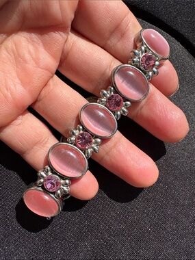 Beautiful Pink Cabochon Jewel Pave Statement Stretch Bracelet Silvertone